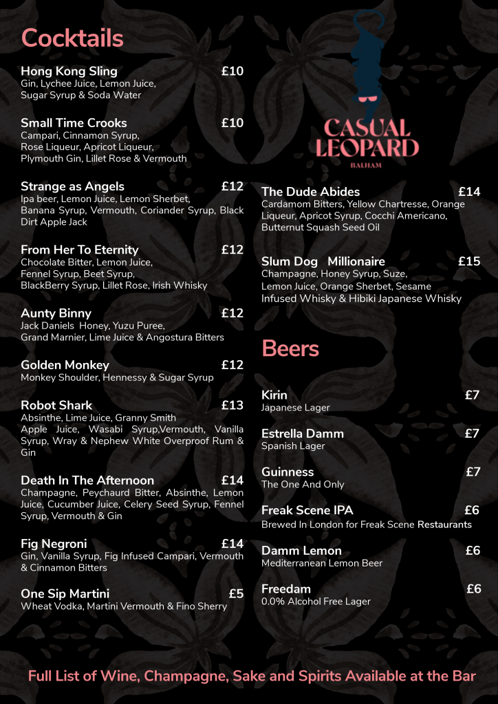 Casual Leopard Drinks Menu